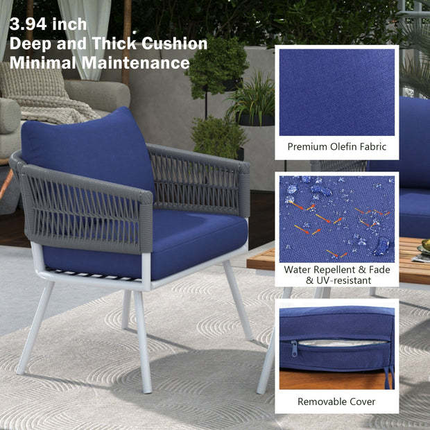 K&K 4-Piece Boho Rope Patio Furniture Set, Outdoor Furniture With Acacia Wood Table, Patio Conversat