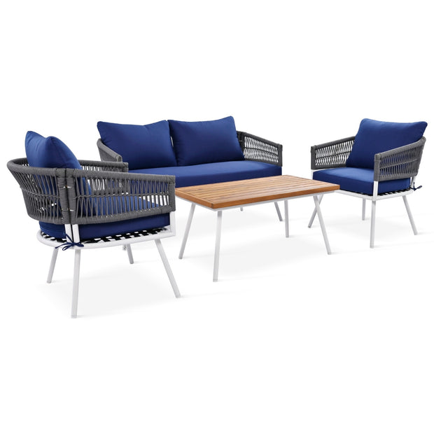 K&K 4-Piece Boho Rope Patio Furniture Set, Outdoor Furniture With Acacia Wood Table, Patio Conversat