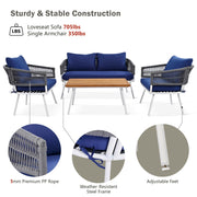 K&K 4-Piece Boho Rope Patio Furniture Set, Outdoor Furniture With Acacia Wood Table, Patio Conversat